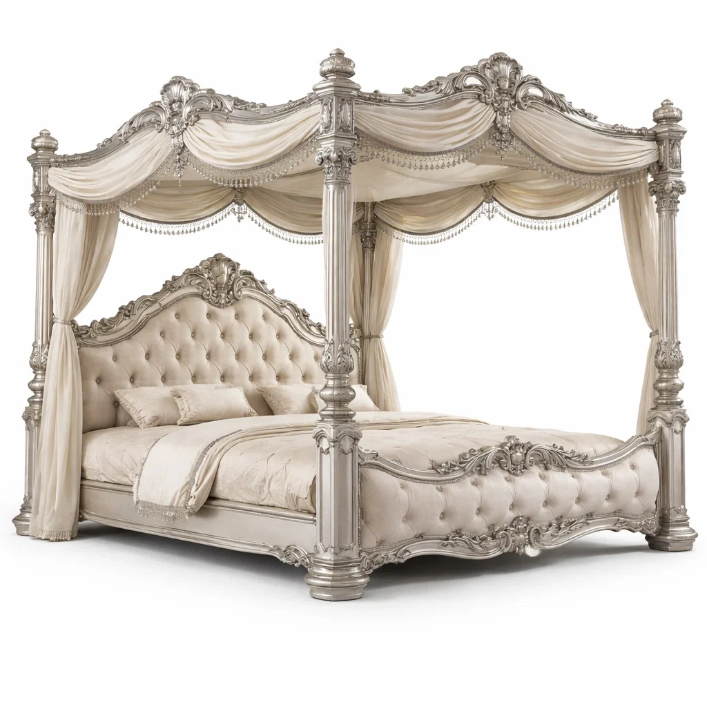 Lit baldaquin luxe bois argente et creme-LayoutLuxe