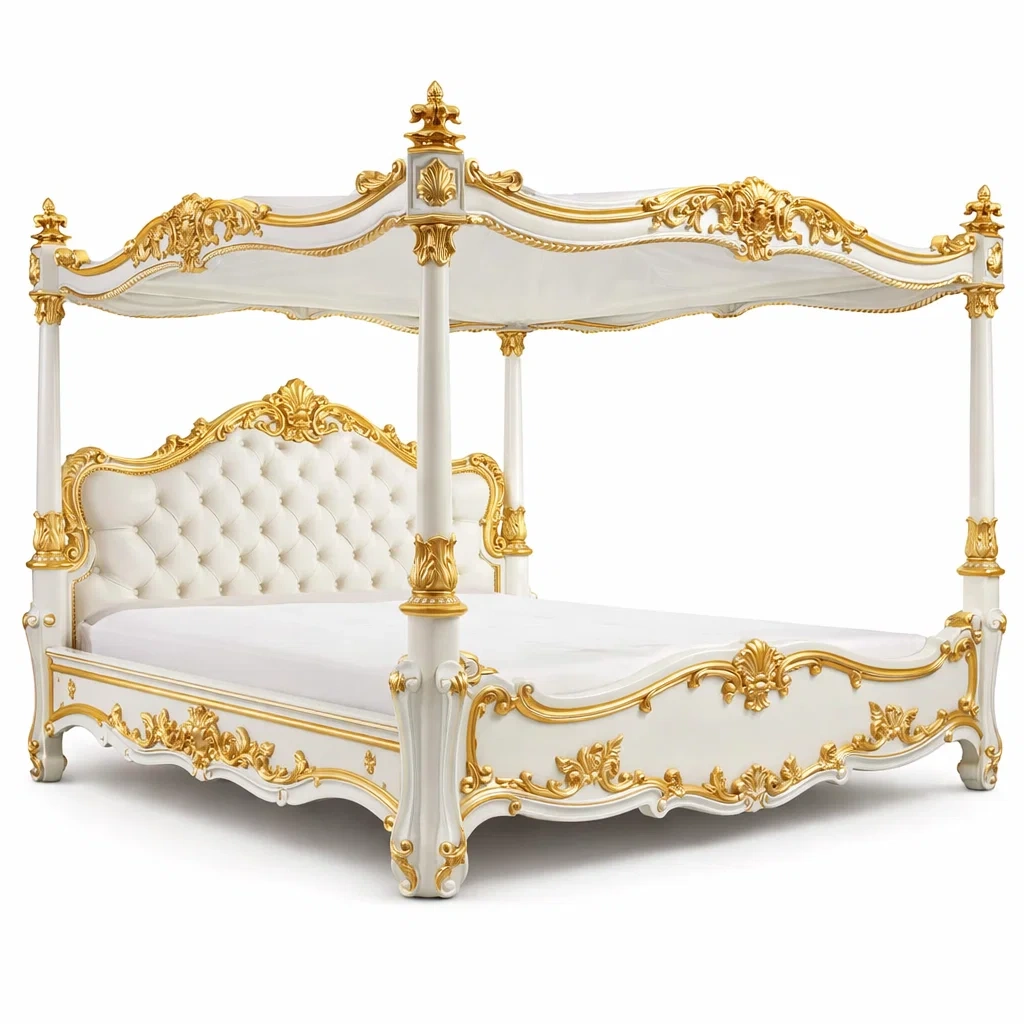 Lit baldaquin luxe bois blanc et dore-LayoutLuxe