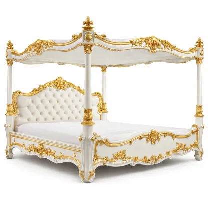 Lit baldaquin luxe bois blanc et dore-LayoutLuxe