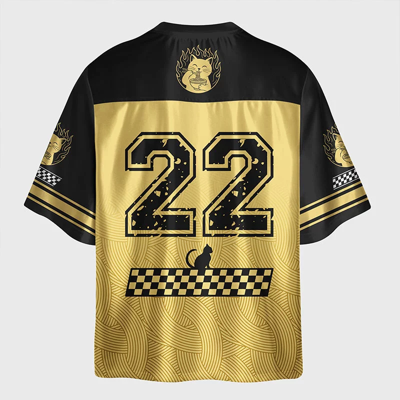 Tokyo-Lion Cute Black Cat Eating Ramen Japan Glossy Oversized Jersey