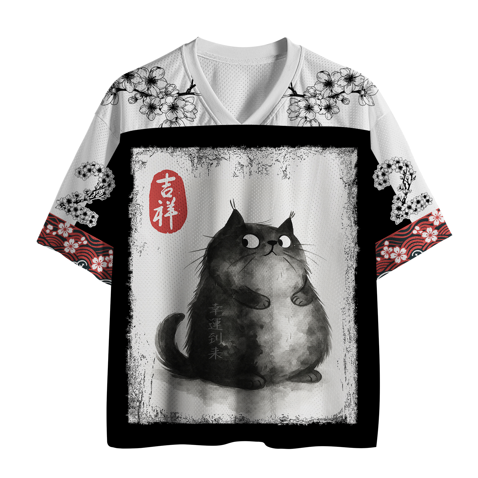 Tokyo-Lion Auspicious Fluffy Black Cat Ink Painting Mesh Jersey