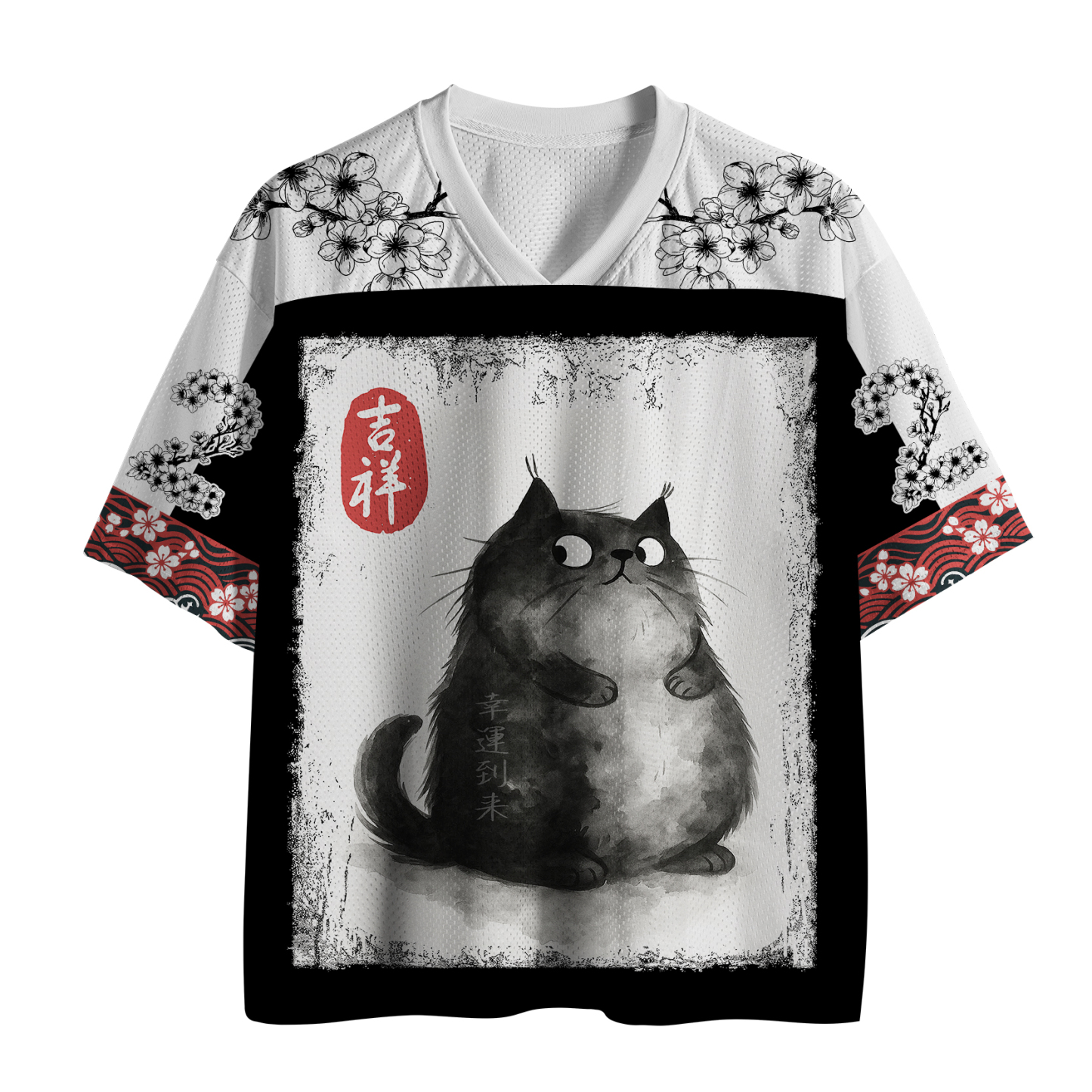 Tokyo-Lion Auspicious Fluffy Black Cat Ink Painting Mesh Jersey