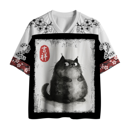 Tokyo-Lion Auspicious Fluffy Black Cat Ink Painting Mesh Jersey