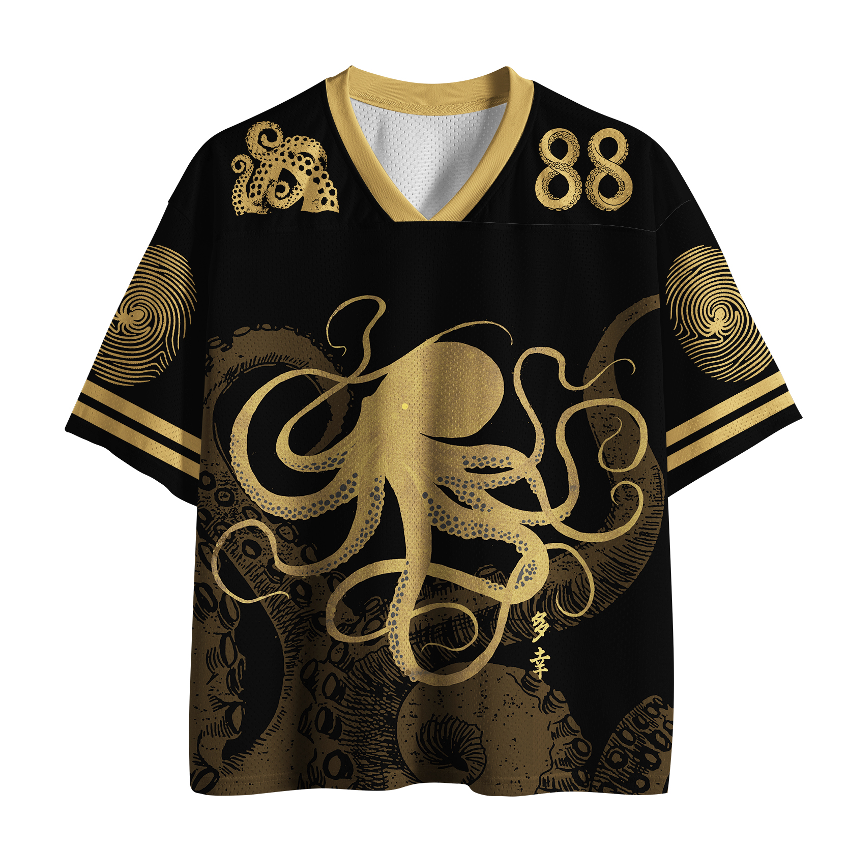 Tokyo-Lion Octopus Japanese Gold Print Tattoo Mesh Jersey