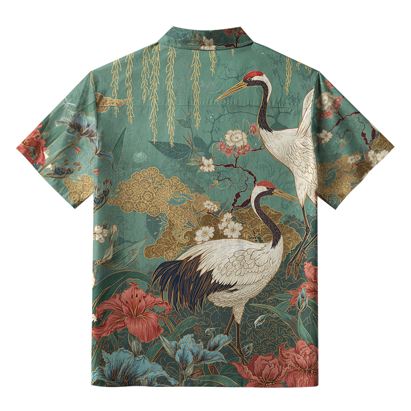Tokyo-Lion Red-Crowned Crane In The Garden Aloha Hawaiian Shirt