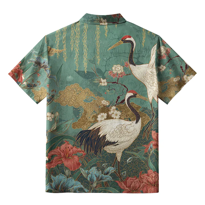 Tokyo-Lion Red-Crowned Crane In The Garden Aloha Hawaiian Shirt