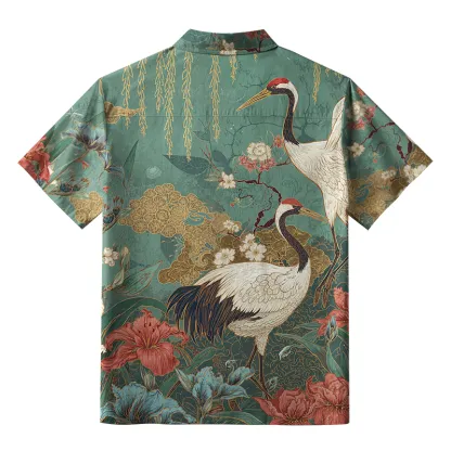 Tokyo-Lion Red-Crowned Crane In The Garden Aloha Hawaiian Shirt
