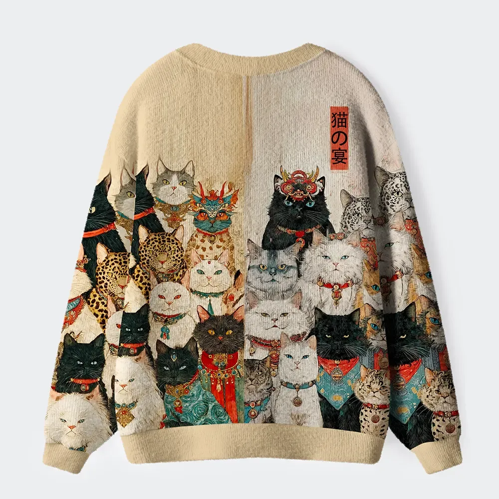 Tokyo-Lion Cats Of The Grand Banquet Ugly Cardigan Sweater