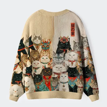 Tokyo-Lion Cats Of The Grand Banquet Ugly Cardigan Sweater