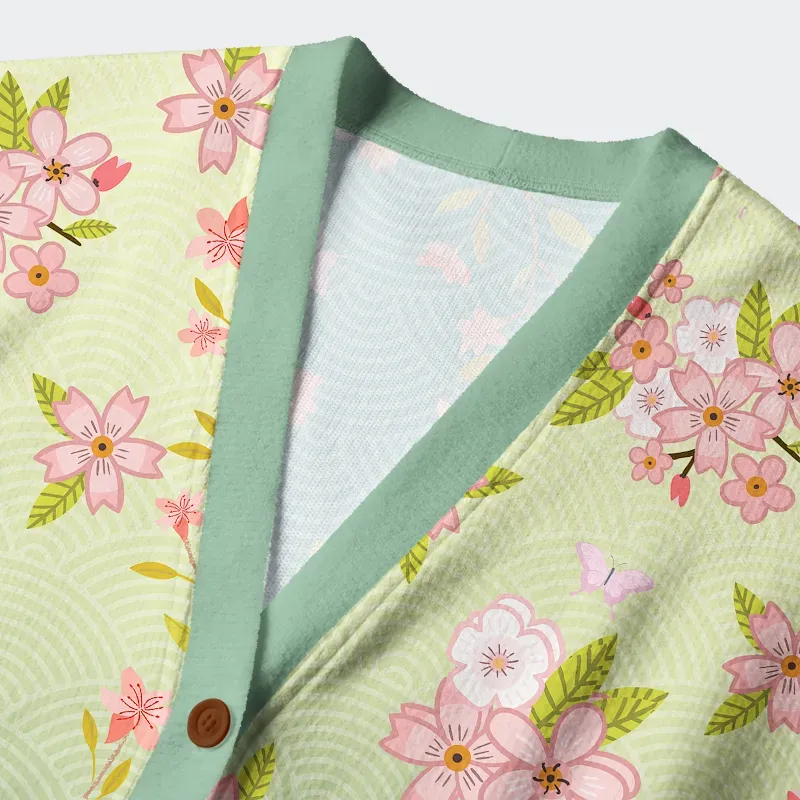 Tokyo-Lion Sakura Blossom Waves Ugly Cardigan Sweater