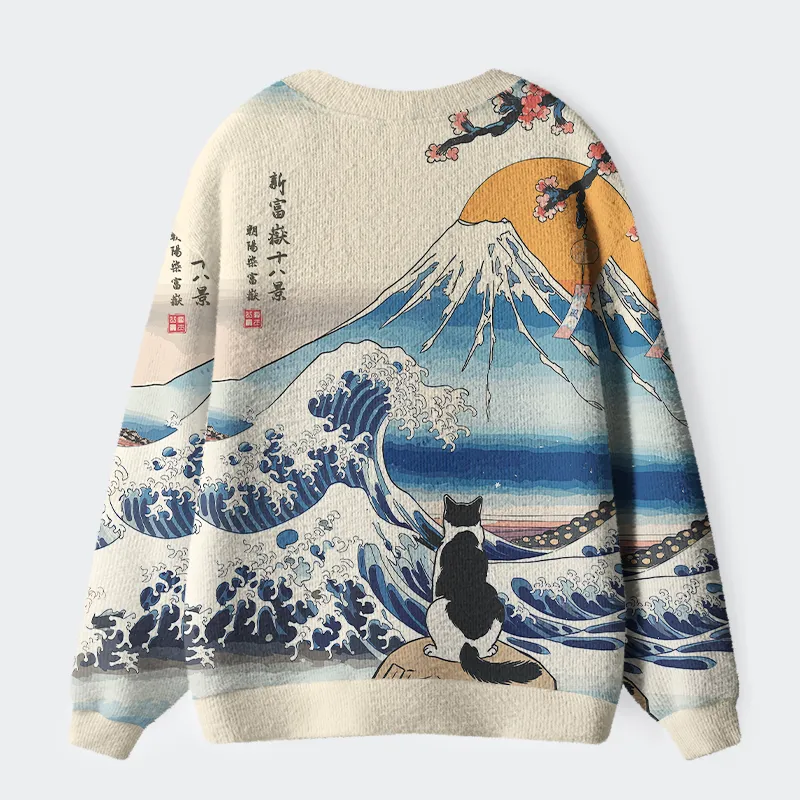 Tokyo-Lion Cat Looking At The Great Wave Ugly Cardigan Sweater