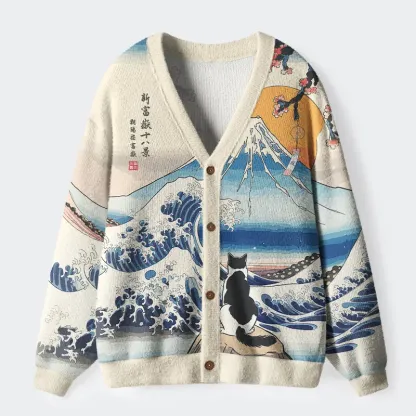 Tokyo-Lion Cat Looking At The Great Wave Ugly Cardigan Sweater