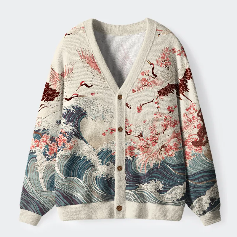 Tokyo-Lion Cranes Dancing On The Waves Ugly Cardigan Sweater