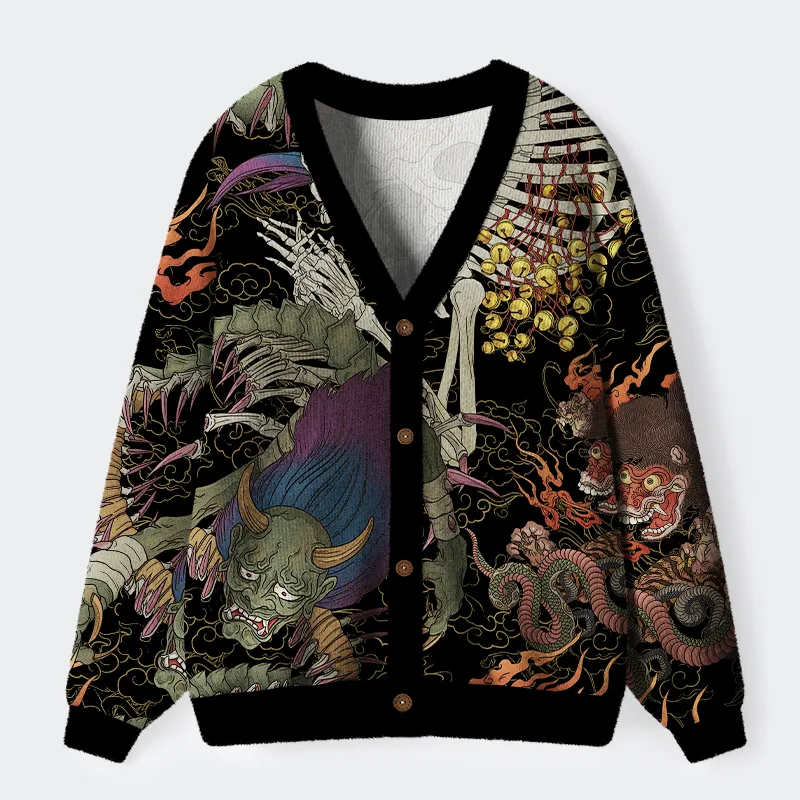 Tokyo-Lion Japanese Yokai And Skeletons Ugly Cardigan Sweater