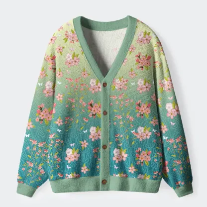 Tokyo-Lion Sakura Blossom Waves Ugly Cardigan Sweater