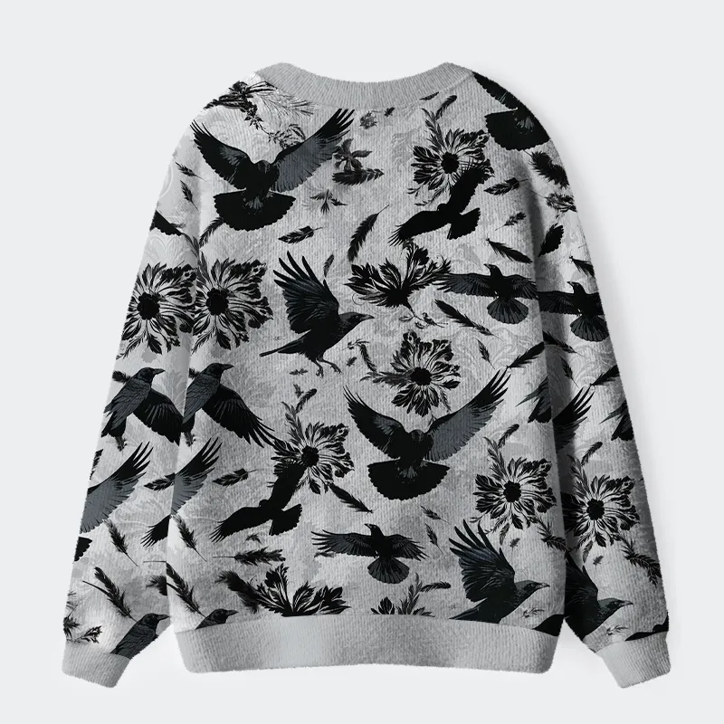 Tokyo-Lion Crows Amongst Blossoms Ugly Cardigan Sweater