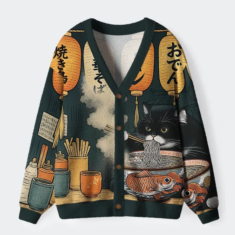 Tokyo-Lion Fat Cat Eating Ramen Ugly Cardigan Sweater