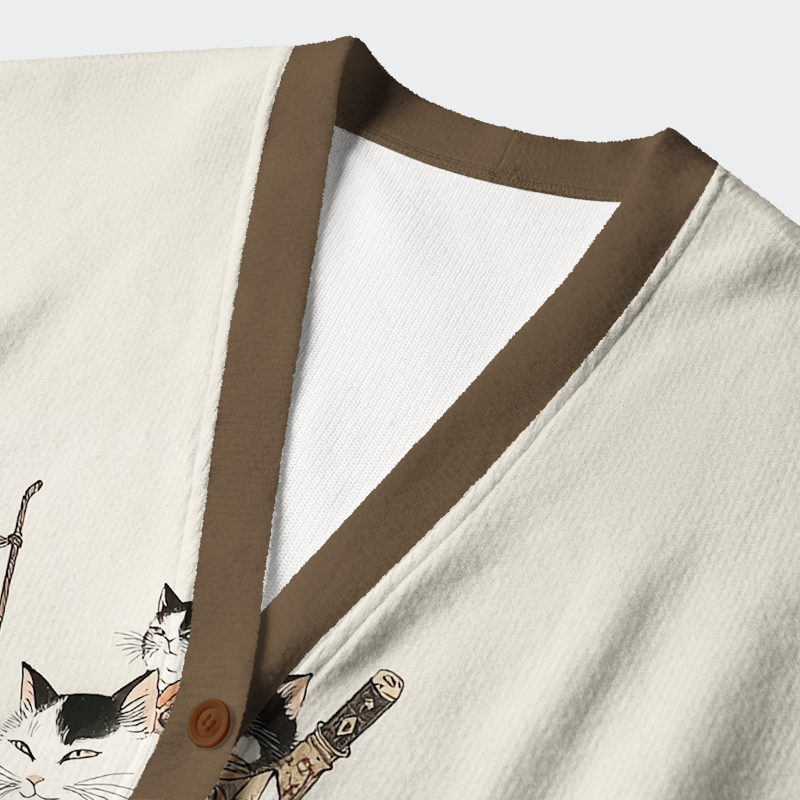 Tokyo-Lion Samurai Cats Assemble Ugly Cardigan Sweater