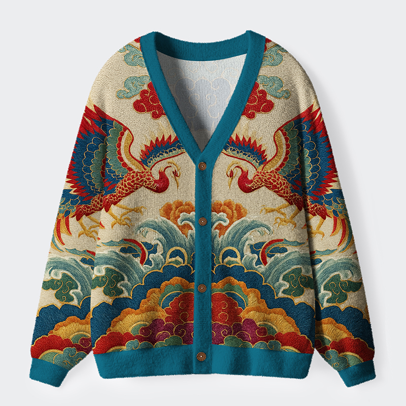 Tokyo-Lion Vermilion Phoenixes in Brocade Skies Ugly Cardigan Sweater