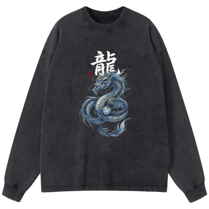 Tokyo-Lion Mythic Blue Dragon Washed Long Sleeve T-Shirt