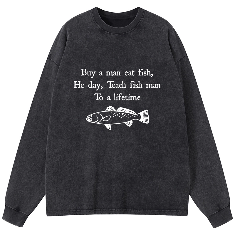 Tokyo-Lion Man Eat Fish Meme Washed Long Sleeve T-Shirt-Tokyo-Lion