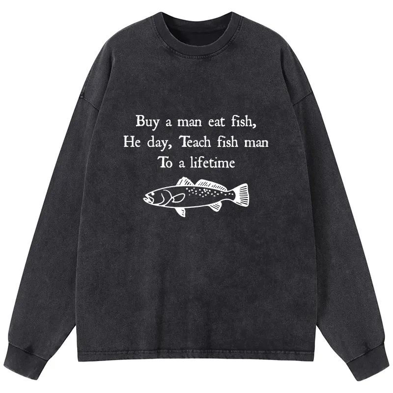 Tokyo-Lion Man Eat Fish Meme Washed Long Sleeve T-Shirt-Tokyo-Lion