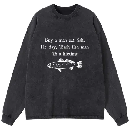 Tokyo-Lion Man Eat Fish Meme Washed Long Sleeve T-Shirt-Tokyo-Lion