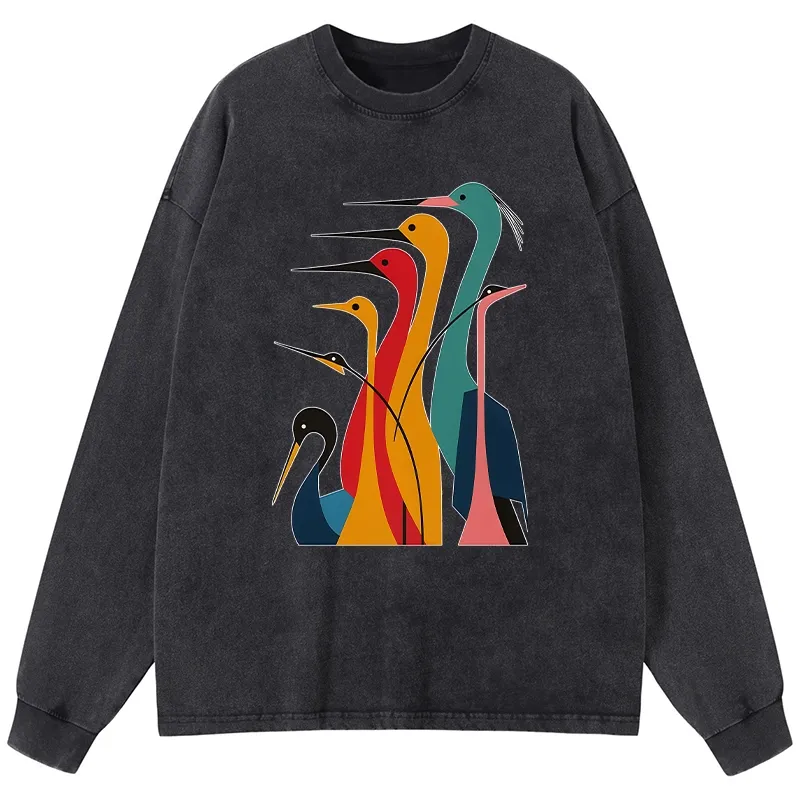 Tokyo-Lion Various Types Of Cranes Washed Long Sleeve T-Shirt