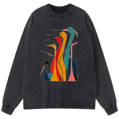 Tokyo-Lion Various Types Of Cranes Washed Long Sleeve T-Shirt