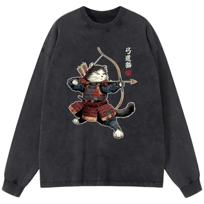 Tokyo-Lion Kyudo Samurai Cat Washed Long Sleeve T-Shirt