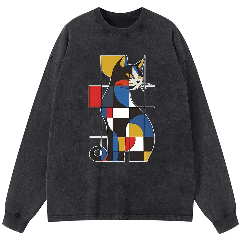 Tokyo-Lion Mondrian Cat Washed Long Sleeve T-Shirt