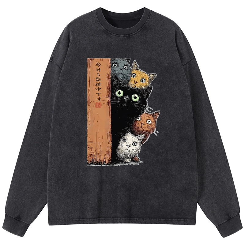 Tokyo-Lion Five Cats Are Watching You Washed Long Sleeve T-Shirt