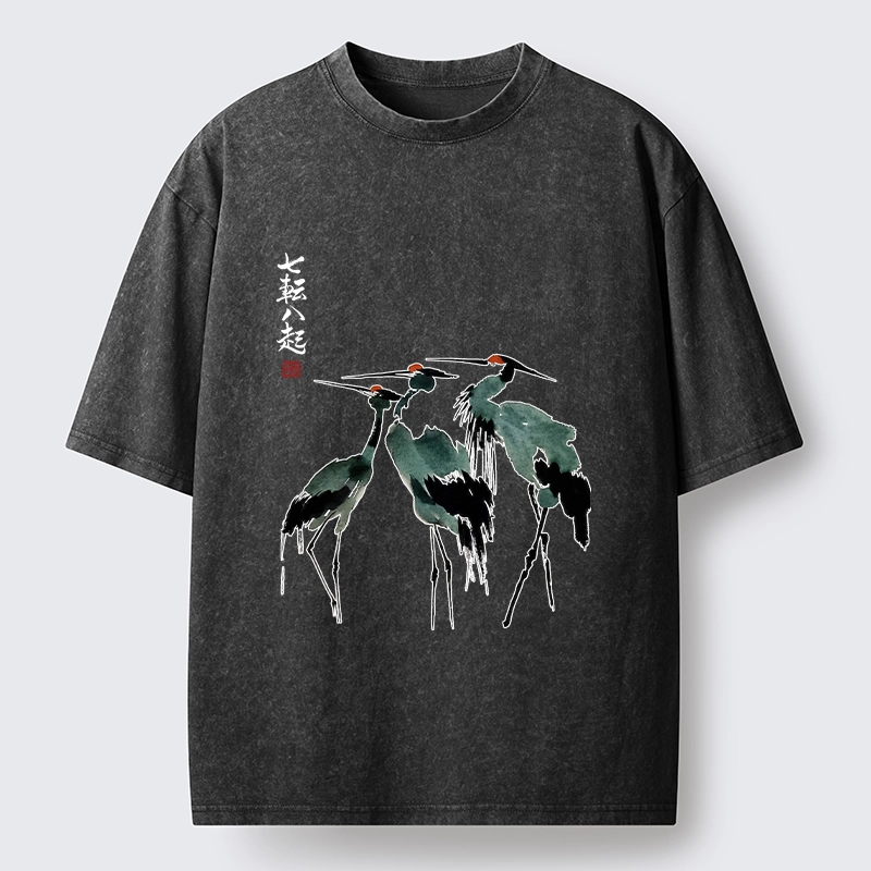 Tokyo-Lion Spirited Up Cranes Ink Painting Washed T-Shirt-Tokyo-Lion