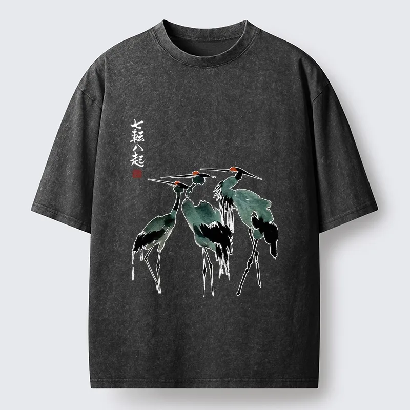 Tokyo-Lion Spirited Up Cranes Ink Painting Washed T-Shirt-Tokyo-Lion