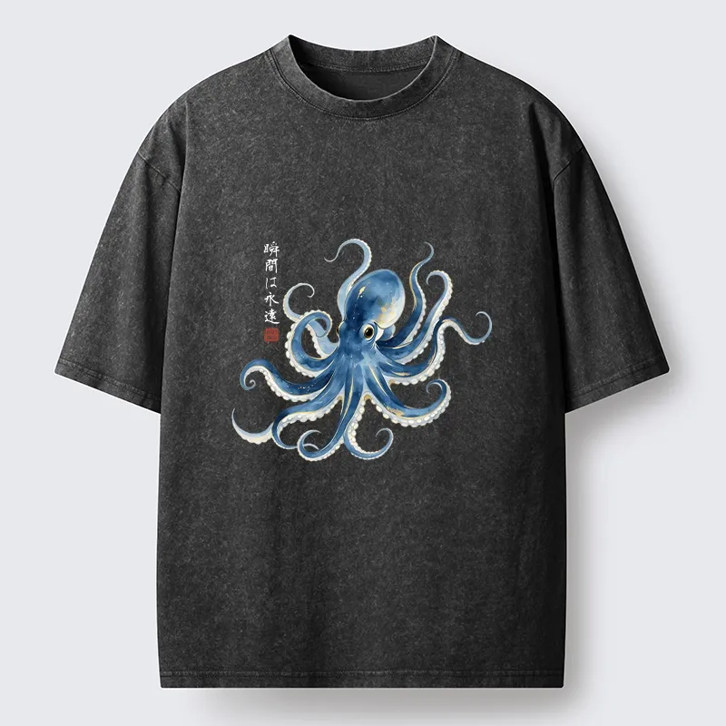 Tokyo-Lion Stylish Blue Octopus Japanese Washed T-Shirt