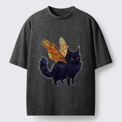 Tokyo-Lion Funny Fairy Black Cat Art Washed T-Shirt