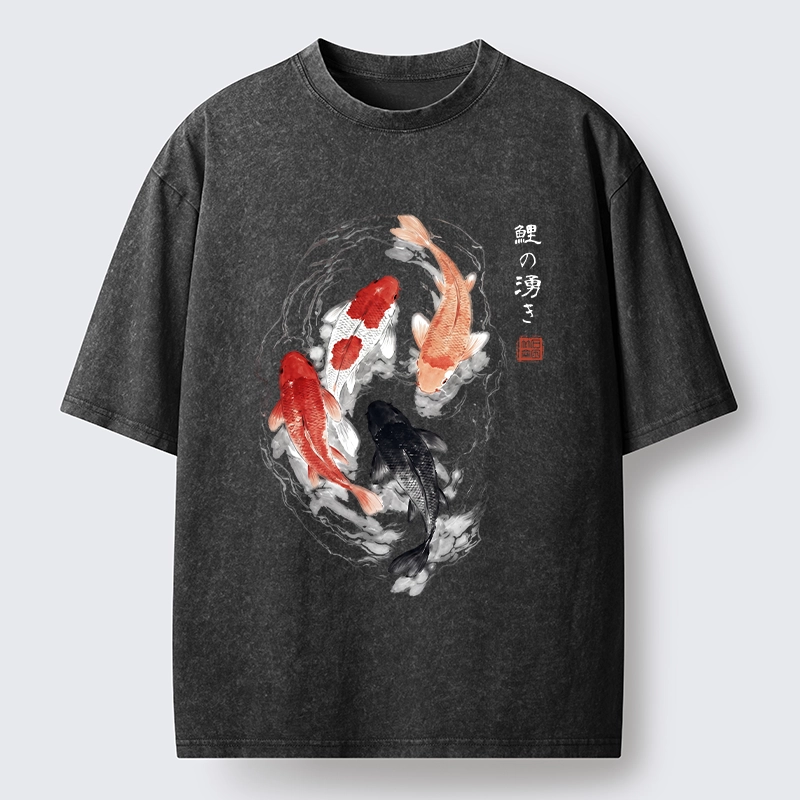 Tokyo-Lion Koi Fish Flow In Traditional Ink Style Washed T-Shirt