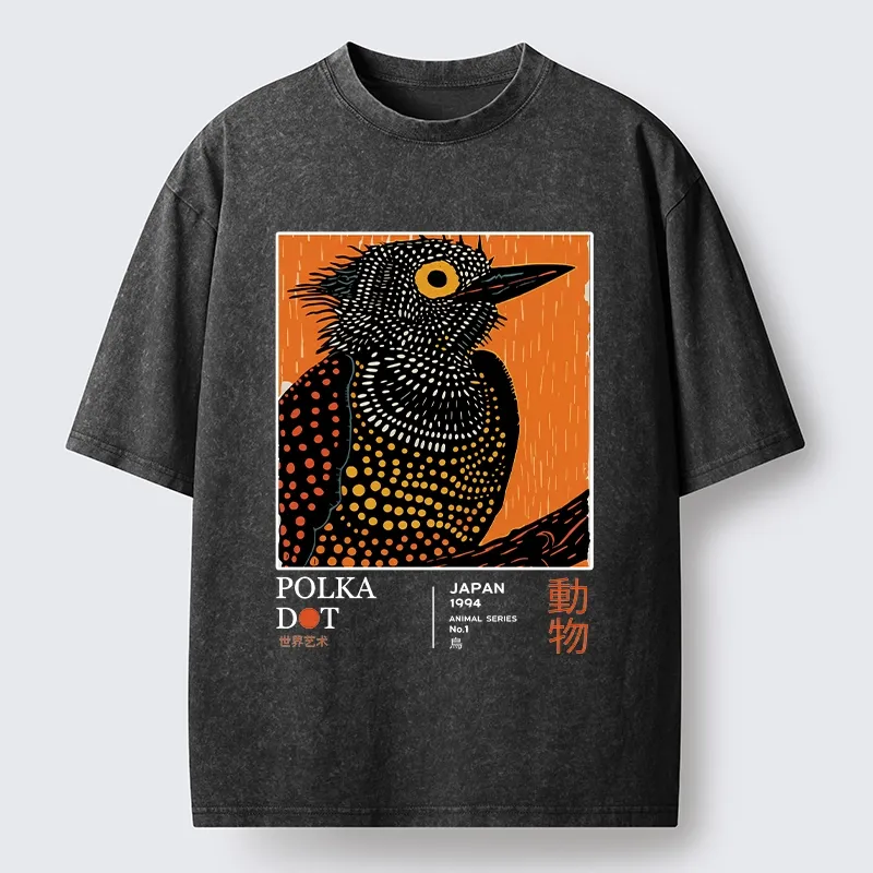 Tokyo-Lion Polka Dot Bird Japanese Art Poster Washed T-Shirt