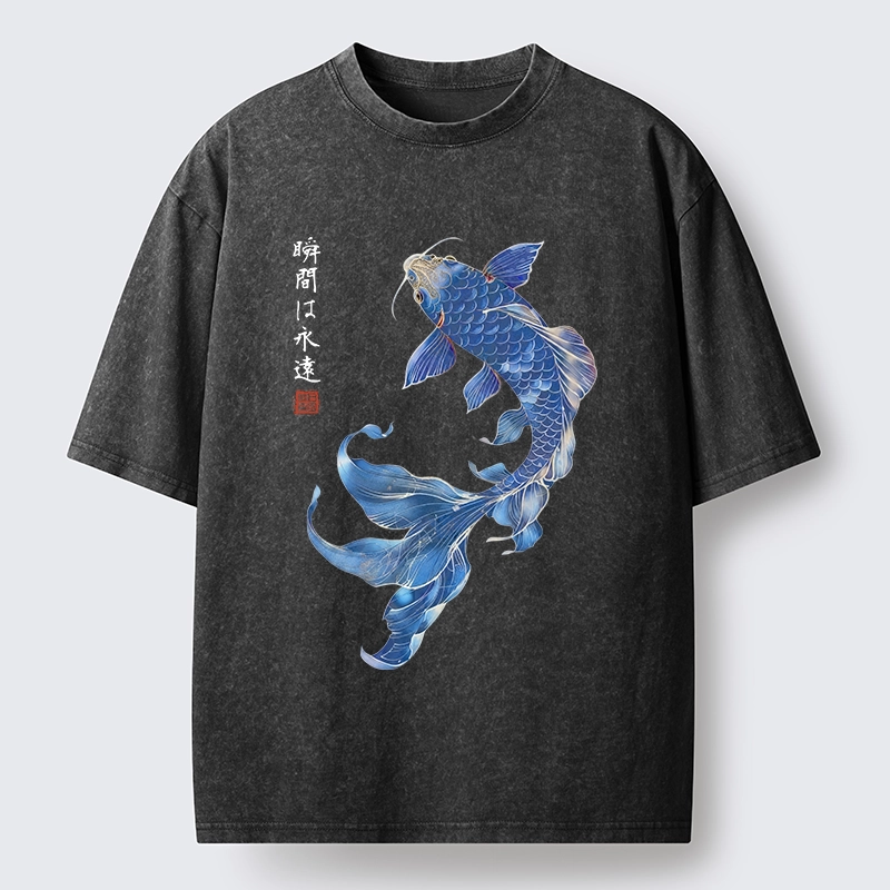 Tokyo-Lion Lucky Blue Koi Fish Art Washed T-Shirt