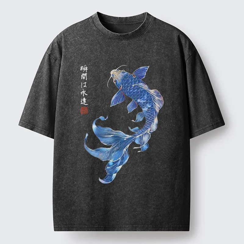 Tokyo-Lion Lucky Blue Koi Fish Art Washed T-Shirt