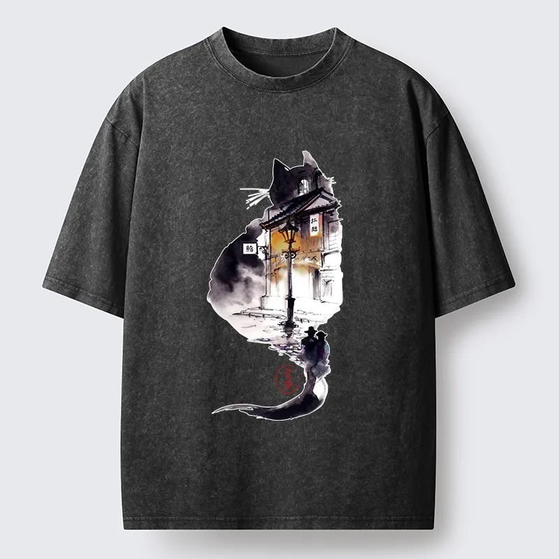 Tokyo-Lion Black Cat Night Street Silhouette Washed T-Shirt