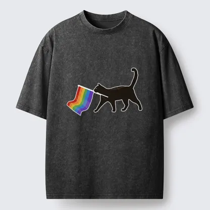Tokyo-Lion Black Cat With Pride Flag Washed T-Shirt