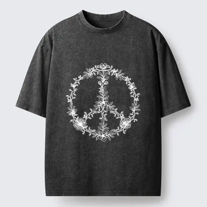 Tokyo-Lion Circle of Flower Peace Sign Washed T-Shirt