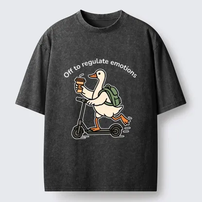 Tokyo-Lion Scooter-Riding Duck’s Self-Care Washed T-Shirt