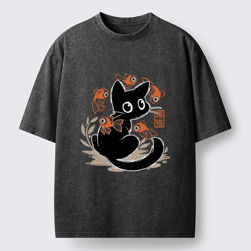 Tokyo-Lion Curious Black Cat Among Fish Washed T-Shirt
