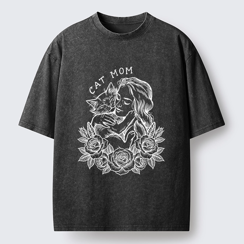 Tokyo-Lion Cat Mom Cuddling Her Kitten Washed T-Shirt