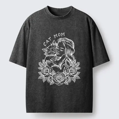 Tokyo-Lion Cat Mom Cuddling Her Kitten Washed T-Shirt