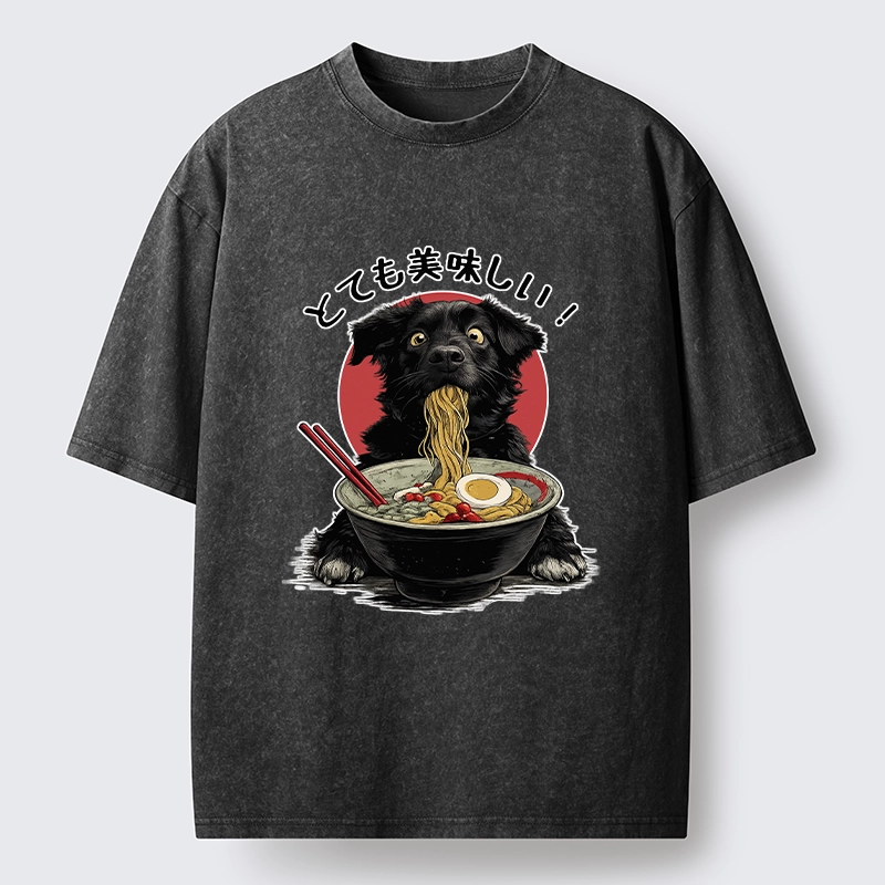 Tokyo-Lion Dog Eating Ramen Joyfully Washed T-Shirt