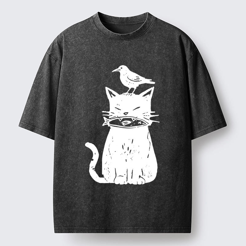 Tokyo-Lion Black Cat With Fish And Bird Washed T-Shirt