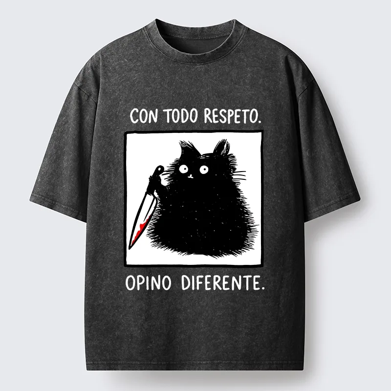 Tokyo-Lion Black Cat Holds Knife Disagrees Washed T-Shirt